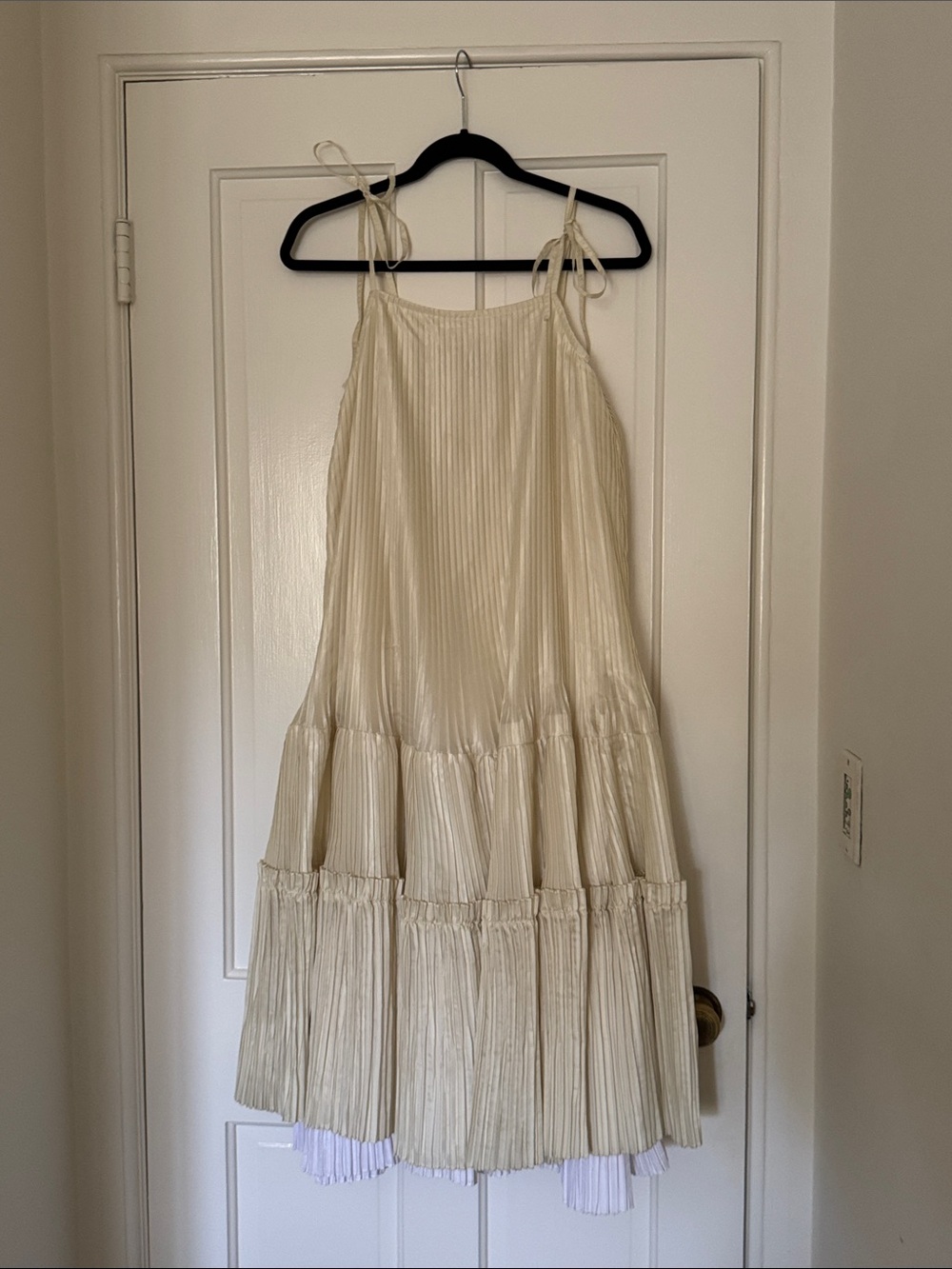 Light Cream Tiered Midi Dress with Tie Straps